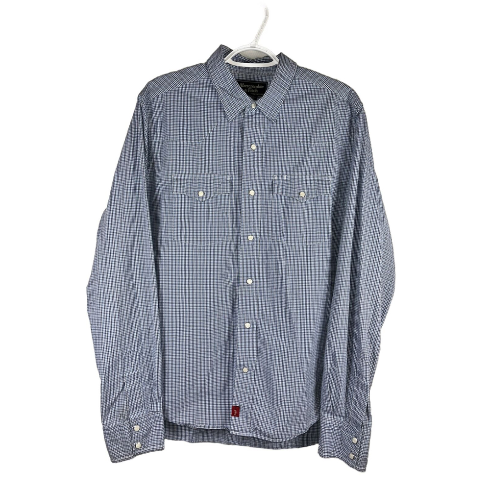 Abercrombie & Fitch Mens Large Pearl Snap Long Sleeve Shirt Plaid Button Up Blue